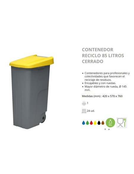 CONTENEDOR RECICLO 85LTRS CERRADO TAPA AMARILLA