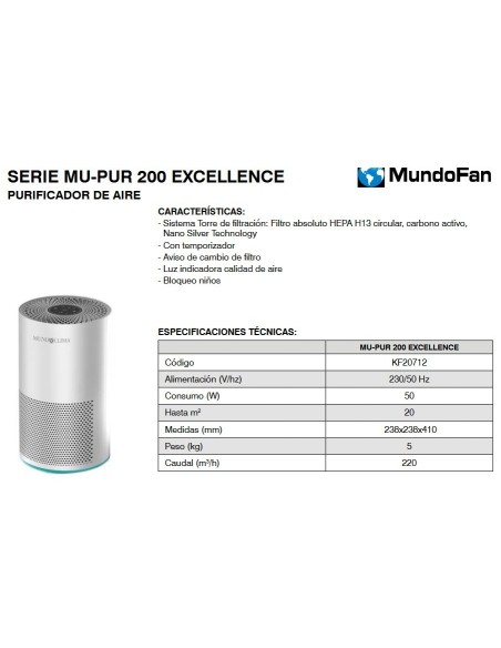 PURIFICADOR AIRE EXCELLENCE CFILTRO HASTA 25M2 MU-PUR 200